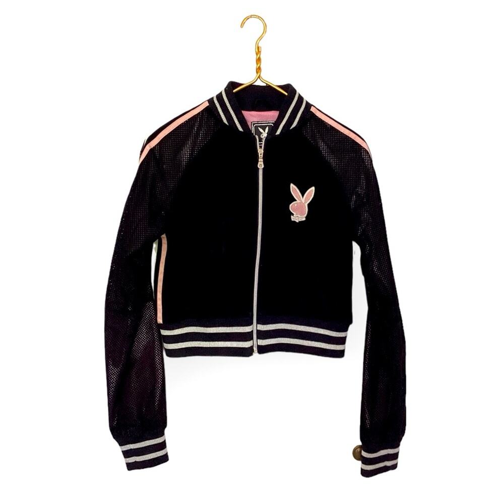 Y2K Playboy 100% Genuine Leather Pink Black Perforated Moto Zip Jacket M